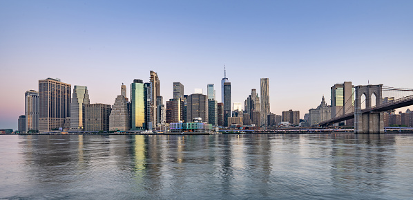 Sunrise with the Brooklyn Bridge and downtown Manhattan skyline as Seen from Brooklyn New York City