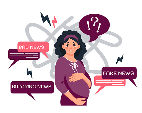 An impressionable pregnant girl tries to brush off the bad news. Bad news, fakes, informational detoxification. Depression and frustration. Vector illustration in cartoon style