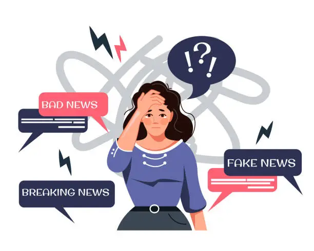 Vector illustration of The shocked woman tries to brush off the bad news. Bad news, fakes. Vector illustration