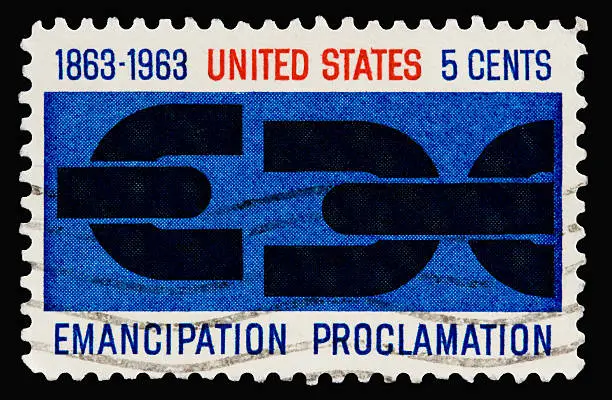 A 1963 issued 5 cent United States postage stamp showing the Emancipation Proclamation Centennial.