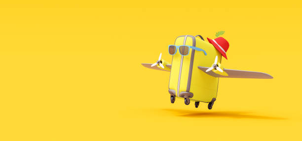 istock Summer travel suitcase with wings will take off. Creative minimal vacation concept idea on yellow background 3D Render 1520243009