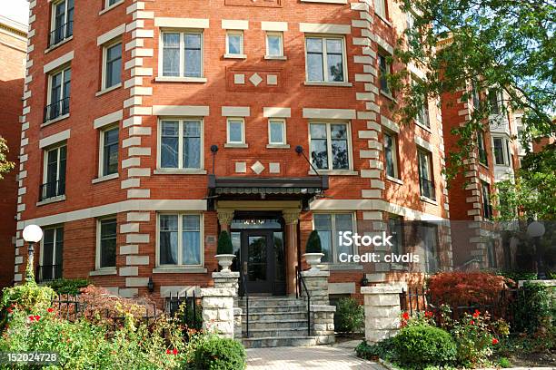 A Brick Apartment Building Front In The City Stock Photo - Download Image Now - Apartment, Brick, Building Entrance