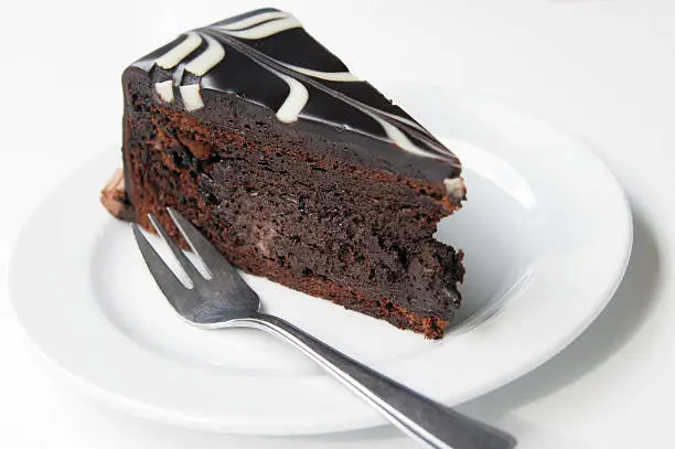 Slice of dark chocolate cake on white plate