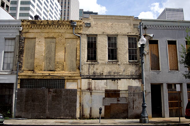 Row of abandoned buildings near French Quarter/ Superdome in New Orleans, 2009.
