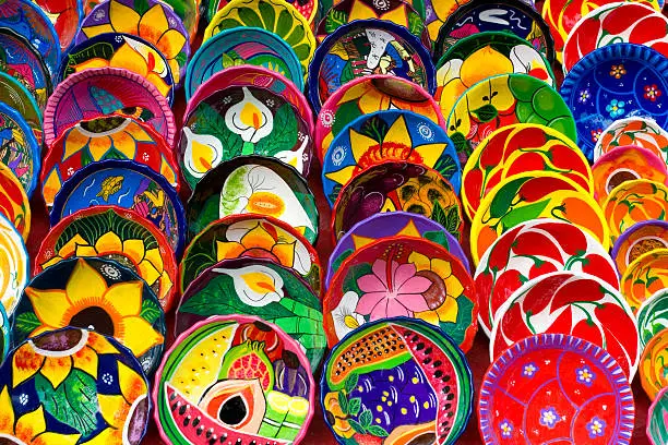 Rows of colorful mexican bowls
