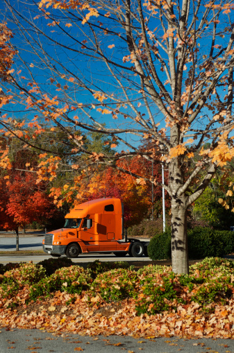 An orange semi truck drives through a background of colorful autumn leaves and bright blue sky.