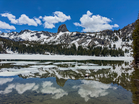 Lake George is one of the Mammoth Lakes on the eastern side of the Sierras in California.  The lake was mainly covered with ice in early summer after a big snowfall