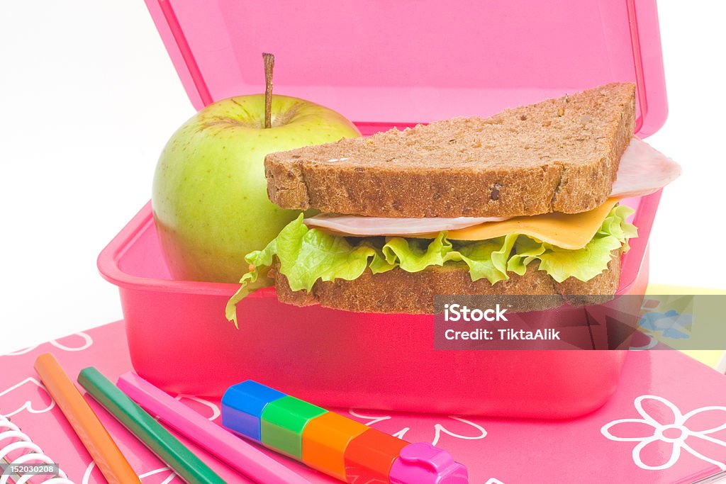 school lunch lunch box with sandwich and apple Apple - Fruit Stock Photo