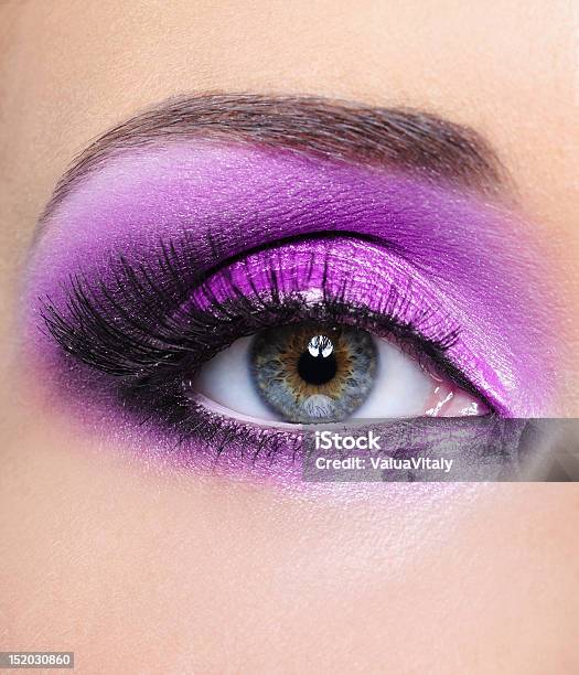 Purple Makeup Of Woman Eye Stock Photo - Download Image Now - Bright, Mascara, Purple