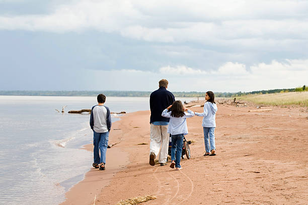 istock Father and children strolling along lake shore 152030917
