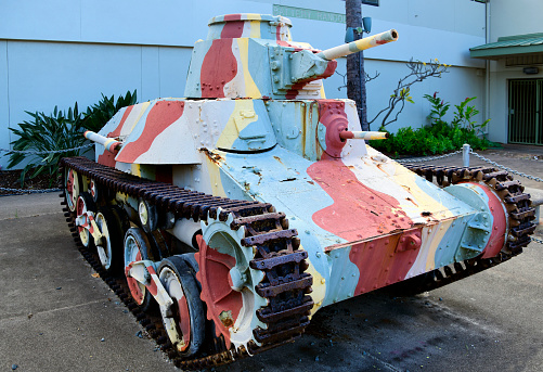 Waikiki, Honolulu, Oahu, Hawaii, USA: Japanese Light Tank, on street display outside the U.S. Army Museum of Hawaii - Type 95 Ha-Gō (九五式軽戦車 ハ号, aka Ke-Go) was a light tank used by the Empire of Japan during the Second Sino-Japanese War, at Nomonhan against the Soviet Union, and in the Second World War.