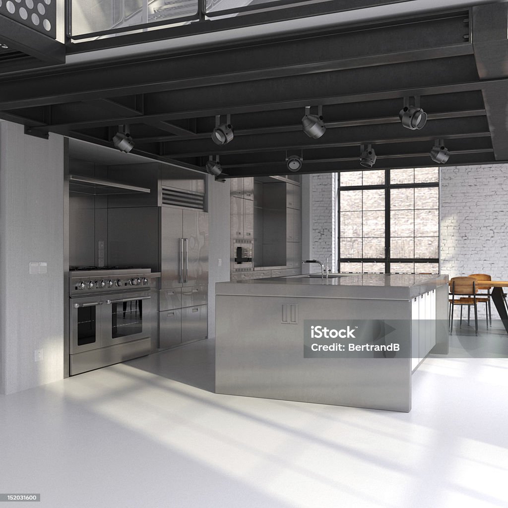 Moderna cucina in acciaio loft industriale - Foto stock royalty-free di Calcestruzzo