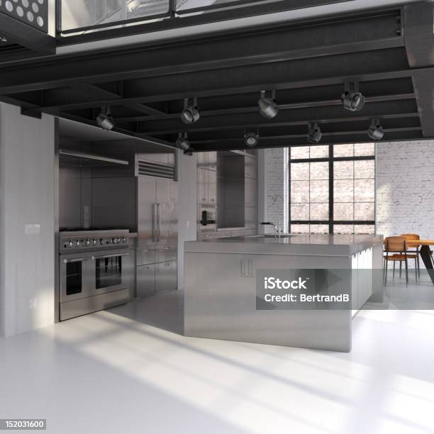 Moderna Cucina In Acciaio Loft Industriale - Fotografie stock e altre immagini di Calcestruzzo - Calcestruzzo, Ambientazione interna, Appartamento