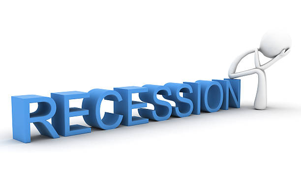 istock 3D Character with head in hands, sitting on word Recession 152032059