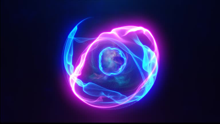 Blue purple energy sphere with glowing bright particles, atom with electrons and elektric magic field scientific futuristic hi-tech abstract background