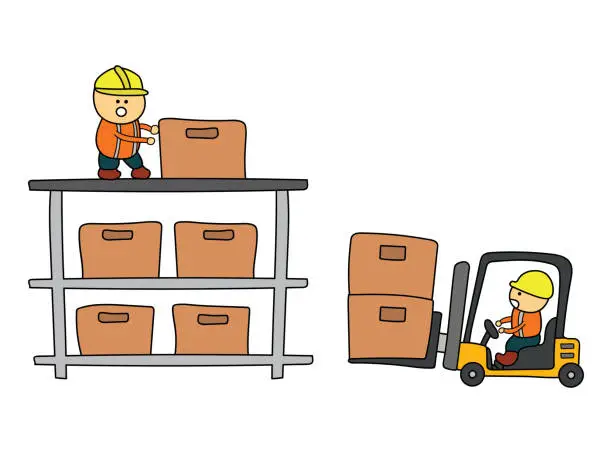 Vector illustration of Kids drawing vector Illustration of Warehouse workers loading and arranging boxes with forklift truck in a cartoon style