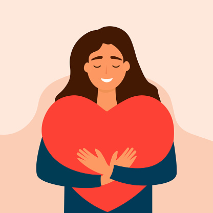 Vector illustration, Happy girl gives love and kindness. Young woman embraces a big red heart with hands.