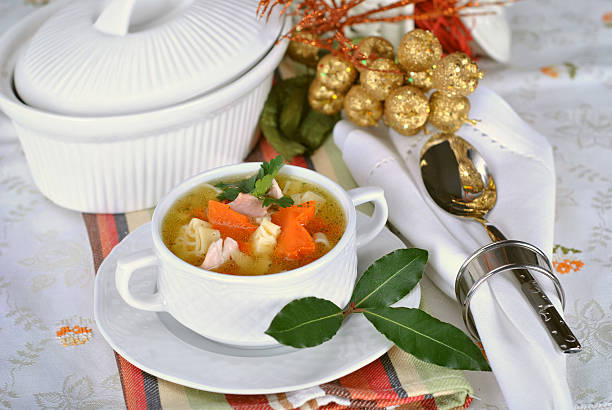 Chicken soup with vegetables and macaroni. Served in Country Decor.
