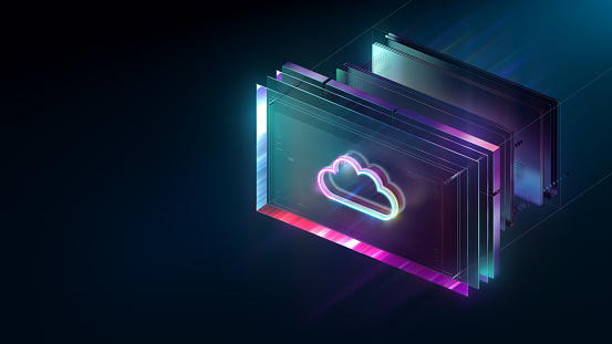 Cloud Computing and Technologies Futuristic Background. Transforming Industries and Customer Service. A Look into the Future. Modern WEB3 colours. CGI 3D render