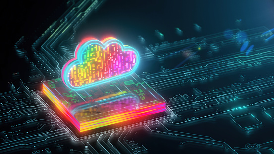 Cloud Computing and Technologies Background. Transforming Industries and Customer Service. A Look into the Future. Futuristic cloud icon over CPU. CGI 3D render