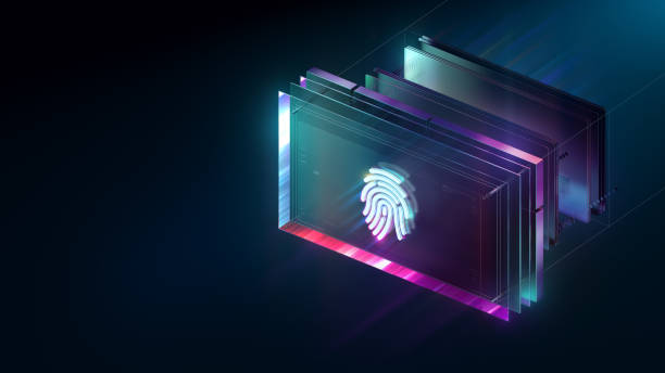istock Biometric safety concept: fingerprint authentication. Modern futuristic technology background. Modern WEB3 colours. CGI 3D render 1520391821