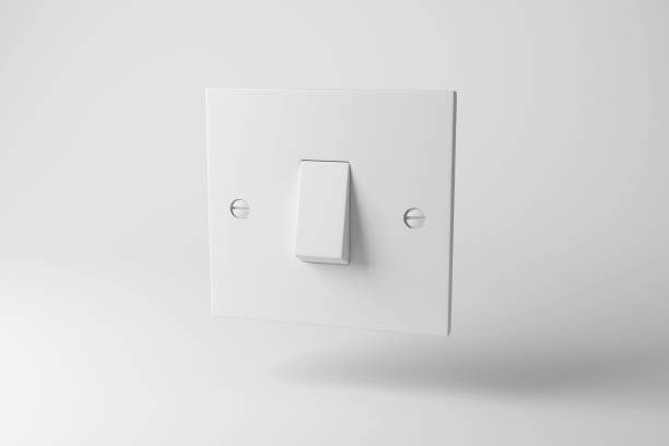 White light switch floating in mid air on white background in monochrome and minimalism. Illustration of the concept of home electrical appliance and energy saving