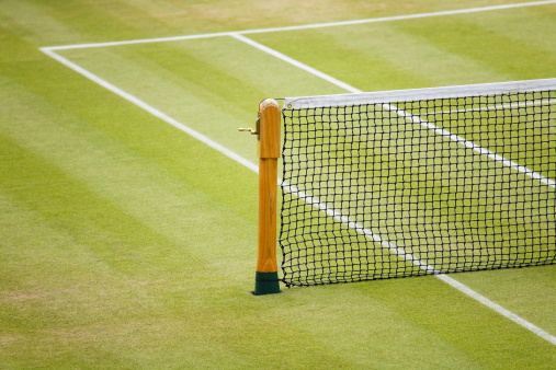 Selective focus of a black net with white protection to play paddle or tennis and a ball from the same game on green artificial grass with copy space