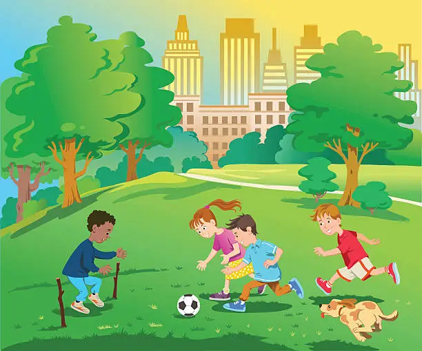 Vector illustration of Children Playing Ball in the Park