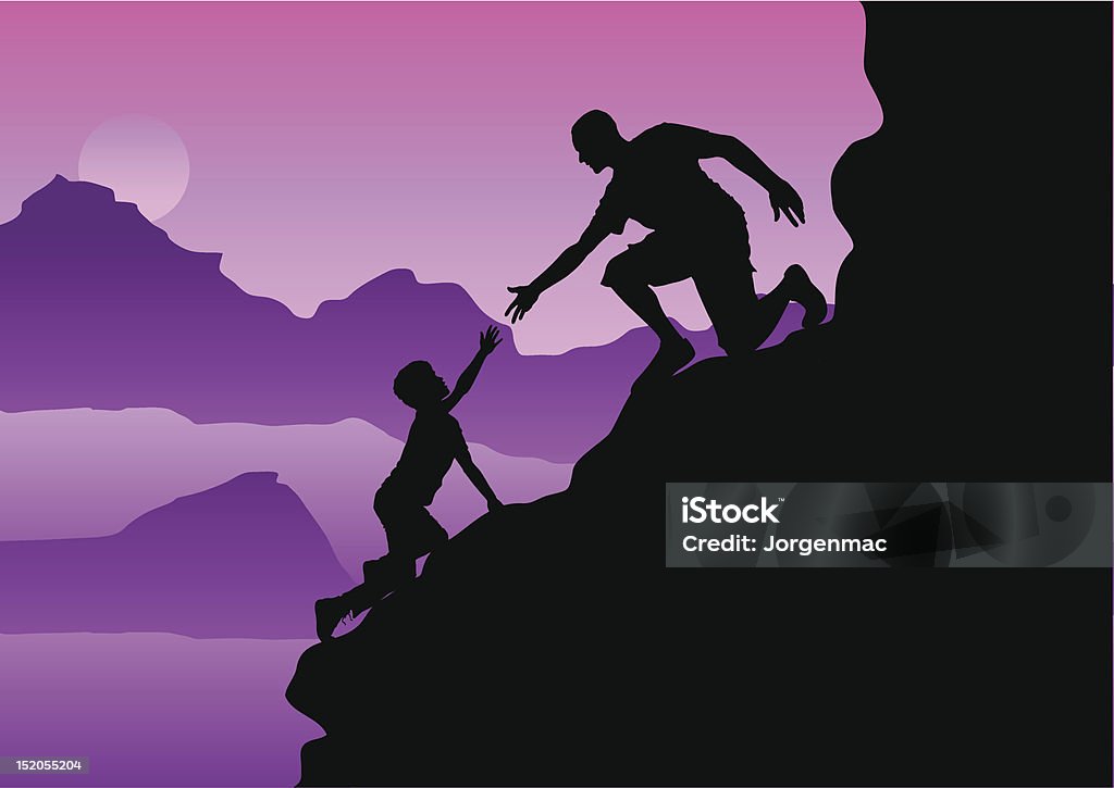 helping hand on the mountainside Editable and layered vector illustration of a helping hand on the mountainside. Additional Hi Res JPEG and PDF format included. Reaching stock vector