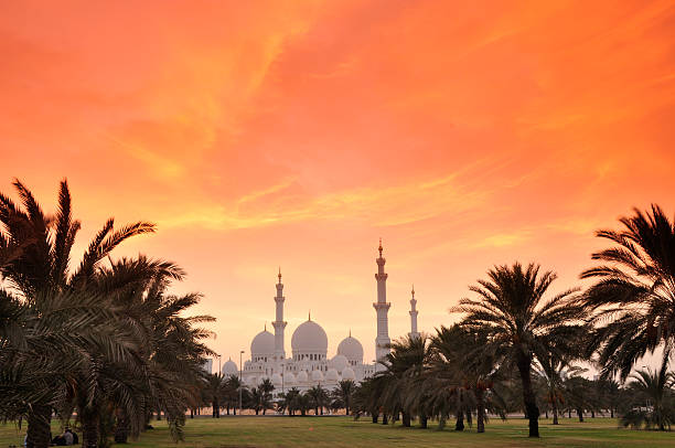 Sunset image of Sheikh Zayed Mosque with palm trees framing