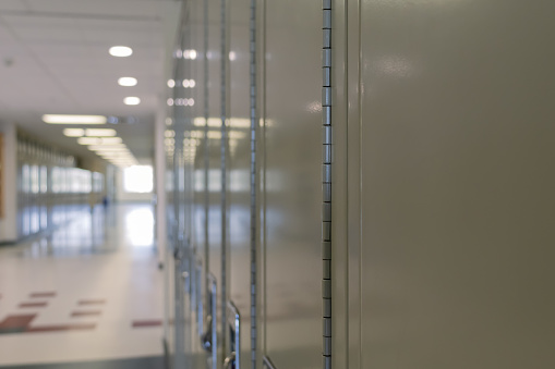 Empty school hall with lockers - no people. Taken in Toronto, Canada.