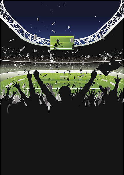 Cheering Crowd in Soccer Stadium at Night Vector illustration of an ecstatic crowd in a soccer stadium. Soccer players can be seen on a video screen in the center. There is copy space in the bottom half of the composition. firework display pyrotechnics celebration excitement stock illustrations