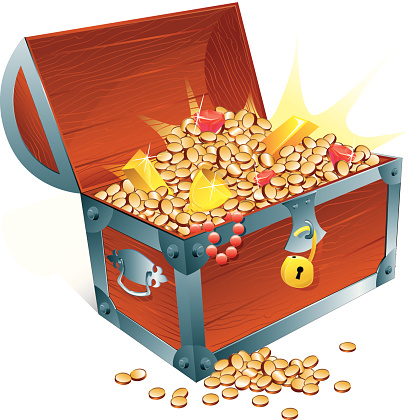 Multi-colored vector illustration of an open treasure chest.  The chest is full of gold coins, a golden cup, some gold bars, a gemstone necklace, and three red precious stones. Highly detailed illustration. AI, EPS, and CDR files included.