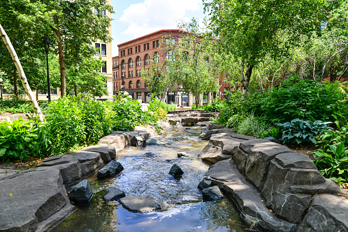 Urban Garden and Stream in Mears Park in Lowertown St. Paul