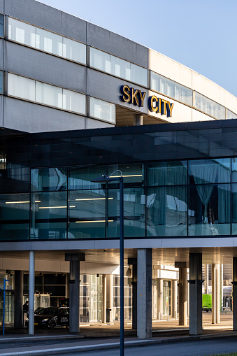 Stockholm Sweden June 5, 2023 The facade and sign for Sky City at Arlanda Airport.