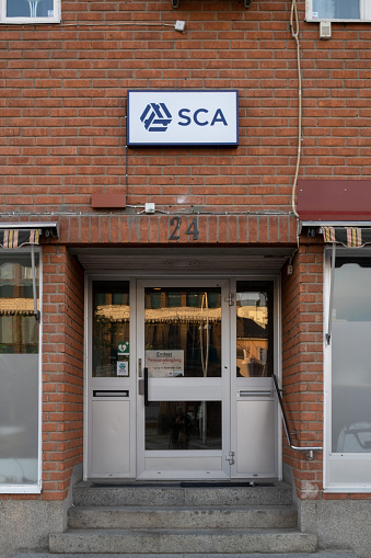 Skelleftea, Sweden June 6, 2023 An office and door with the SCA logo, a Swedish forestry company.