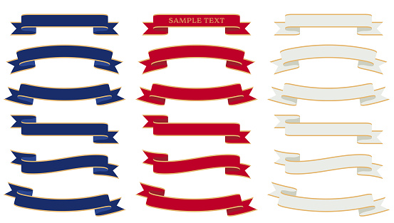 A set of luxurious title ribbons with gold edges. navy blue, red and white. Ribbons that can be filled with messages such as Christmas and celebrations.