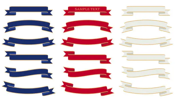 Vector illustration of A set of luxurious title ribbons with gold edges. (navy blue, red and white)