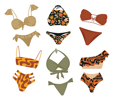 Collection of stylish trendy swimwear in boho colors. Bikini swimwear in flat vector graphic.