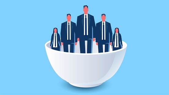 Security of life or survival, unemployment or employment security of life, good jobs and employment, businessmen standing inside a huge bowl