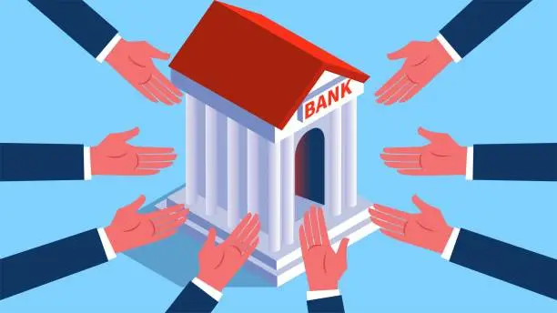 Vector illustration of Bank loan applications, mortgages, handling banking finance, interest on savings, many hands reaching out to banks