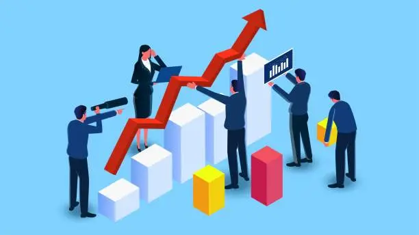 Vector illustration of Business investment or wealth management, marketing data analysis statistics and trend forecasting, business team members working together to support the success of the team or business