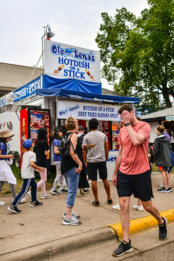 08/27/2022 - Falcon Heights, Minnesota, USA: Minnesota State Fair Vendor Ole and Lena's Hotdish on a Stick