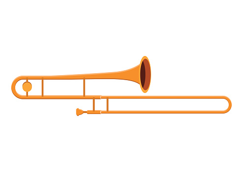 Golden trombone vector design. Trombone flat style vector illustration isolated on white background. Wind instruments, trumpet, saxophone, tuba, bugle. Trombone clipart