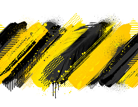 Modern black and yellow grunge paint marks and textured grunge angled line patterns vector illustration background