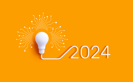 2024 creativity and inspiration ideas with lightbulb and technology network.Business solution or smart working