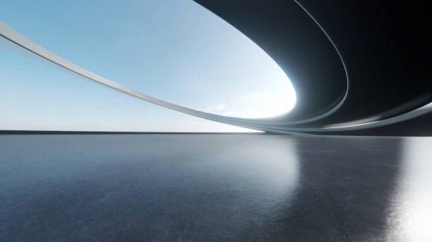 3d render of abstract futuristic architecture with empty concrete floor. Scene for car presentation.