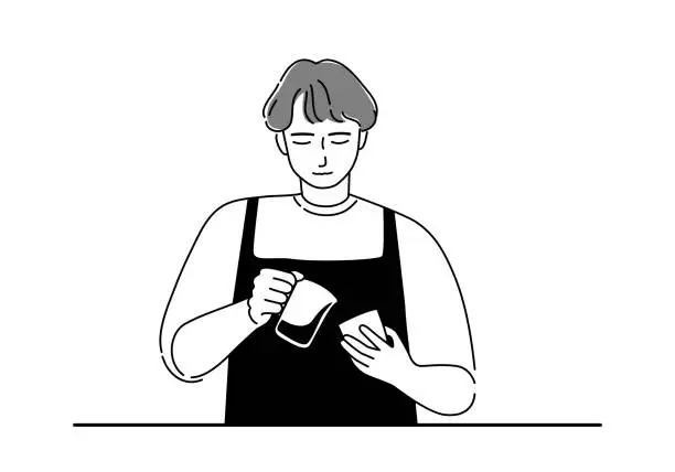 Vector illustration of Isolated of a baristas man with coffee shop apron making latte art, outline vector illustration.