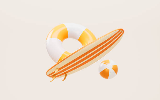 Surfboard and resort with cartoon style, 3d rendering.
