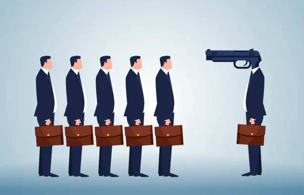Vector illustration of Strong leaders or threats, domineering dictators, bossy managers who threaten and intimidate employees, managers whose heads are pistols who threaten to stand in a row of employees